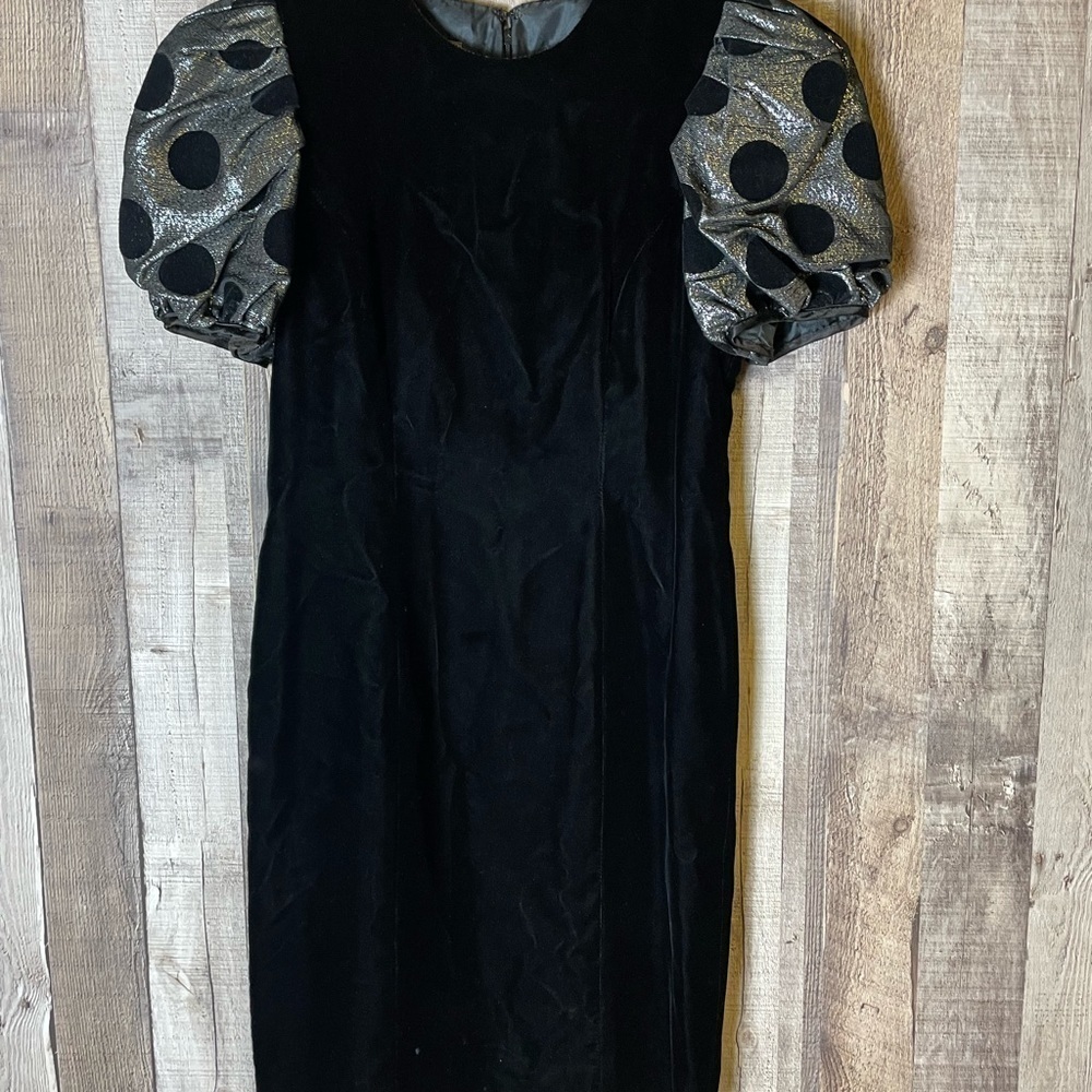 Vintage 90s Liz Claiborne Black Velvet Polka Dot Puffed Shoulders Dress